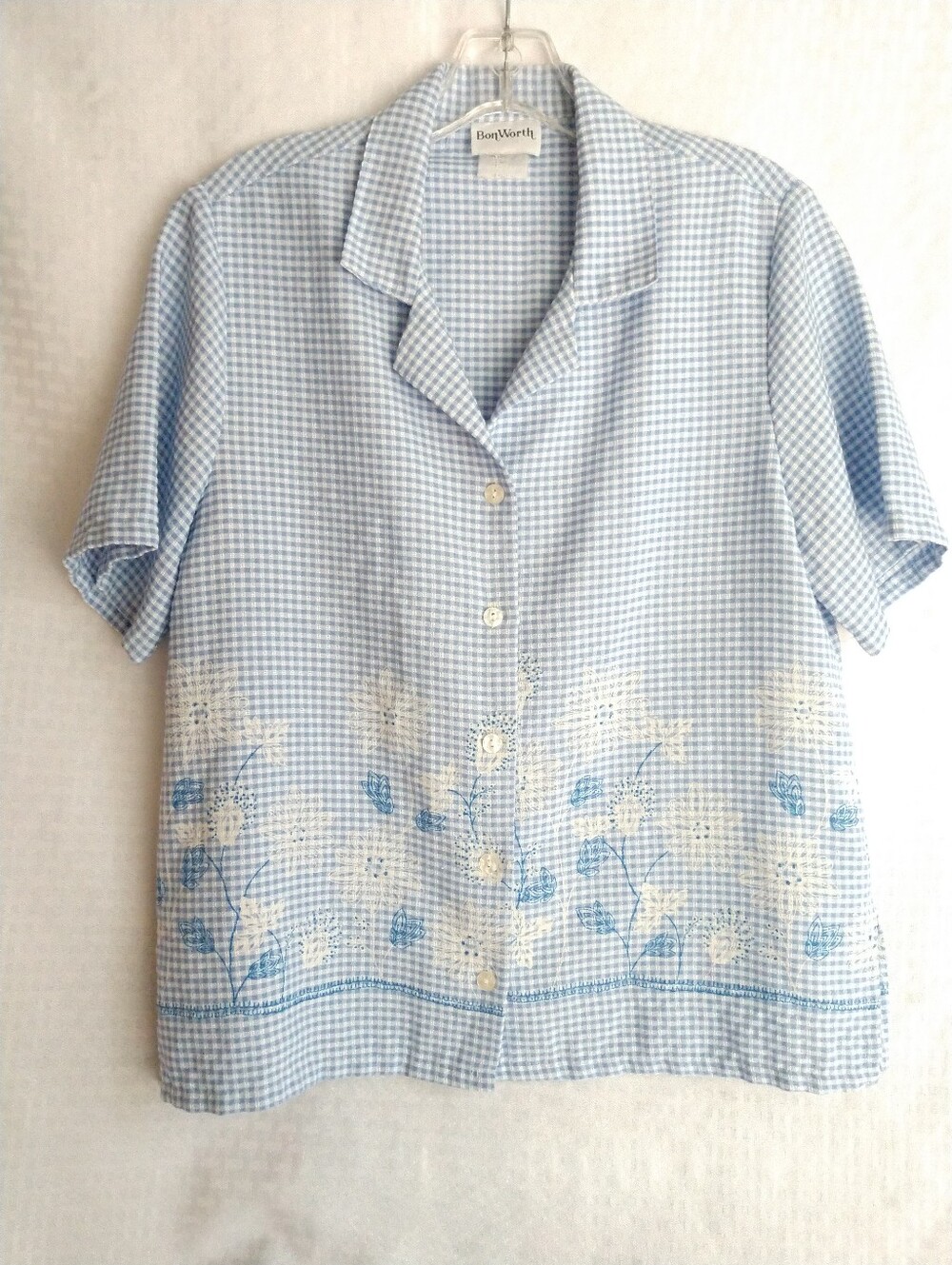 Adorable Bonworth Blue Gingham Shirt Short Sleeve Floral Cottagecore Size Small